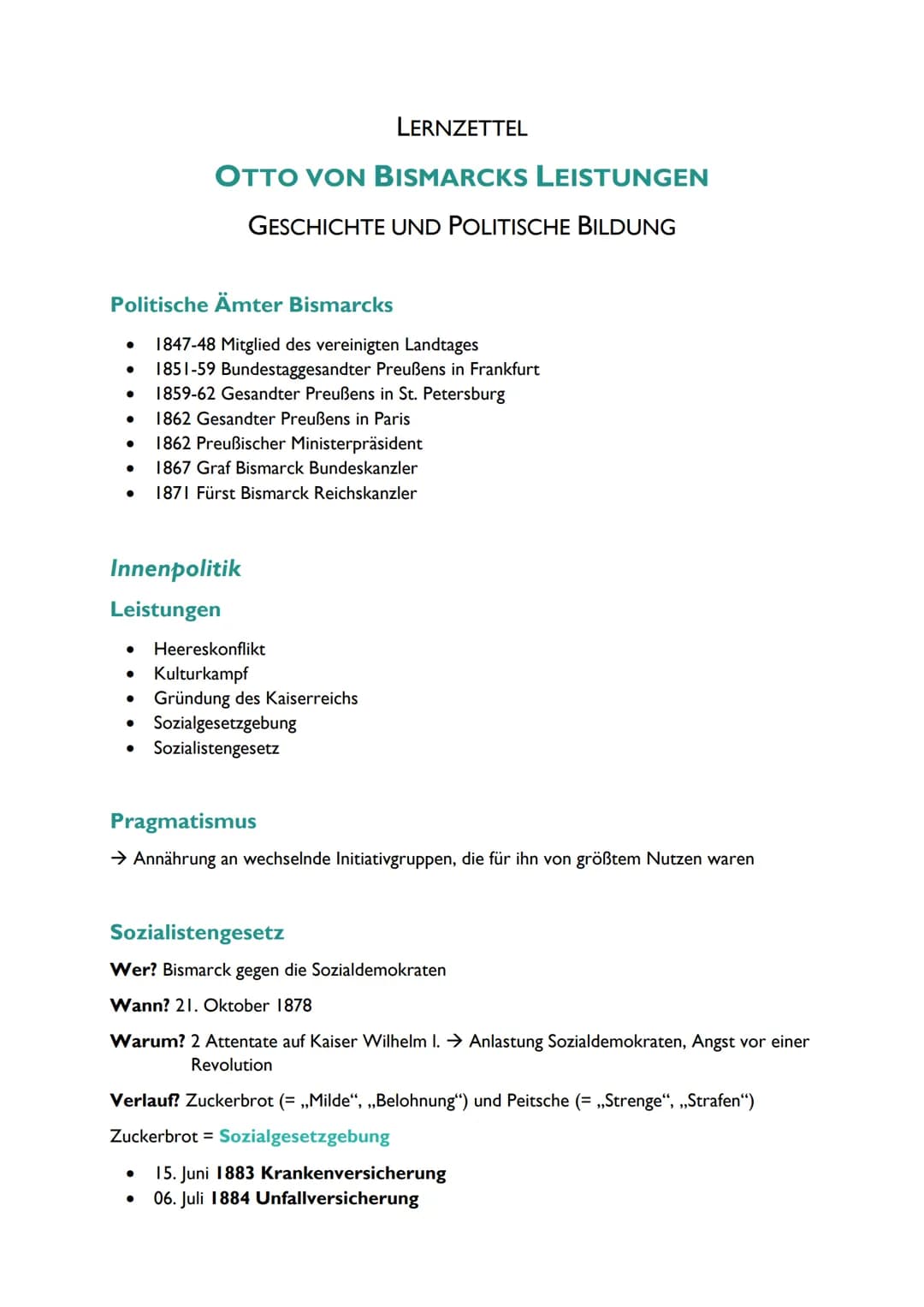 LERNZETTEL
OTTO VON BISMARCKS LEISTUNGEN
GESCHICHTE UND POLITISCHE BILDUNG
Politische Ämter Bismarcks
1847-48 Mitglied des vereinigten Landt