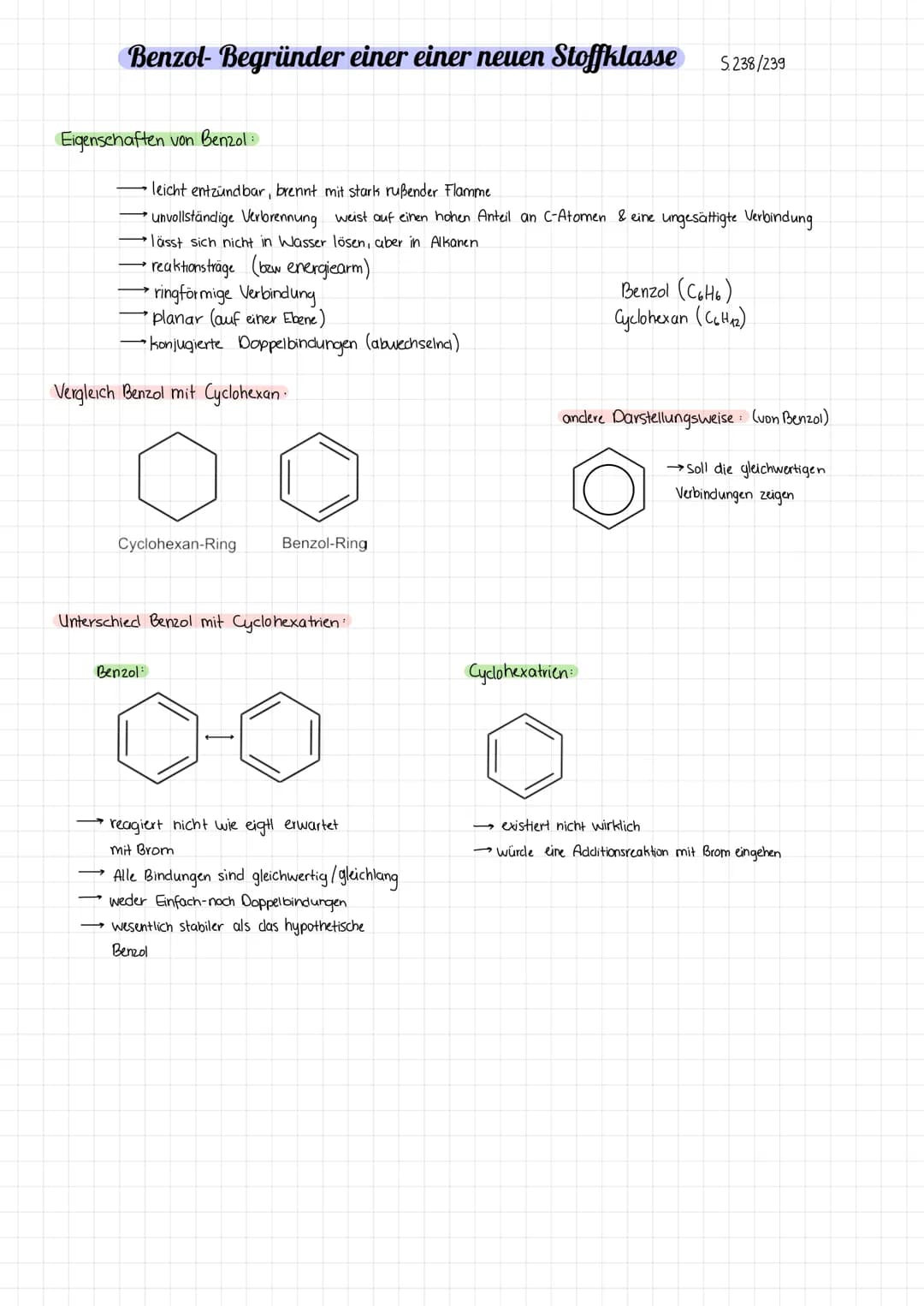 Benzol- Begründer einer einer neuen Stoffklasse S.238/239
Eigenschaften von Benzol:
·leicht entzündbar, brennt mit stark rußender Flamme
→ u