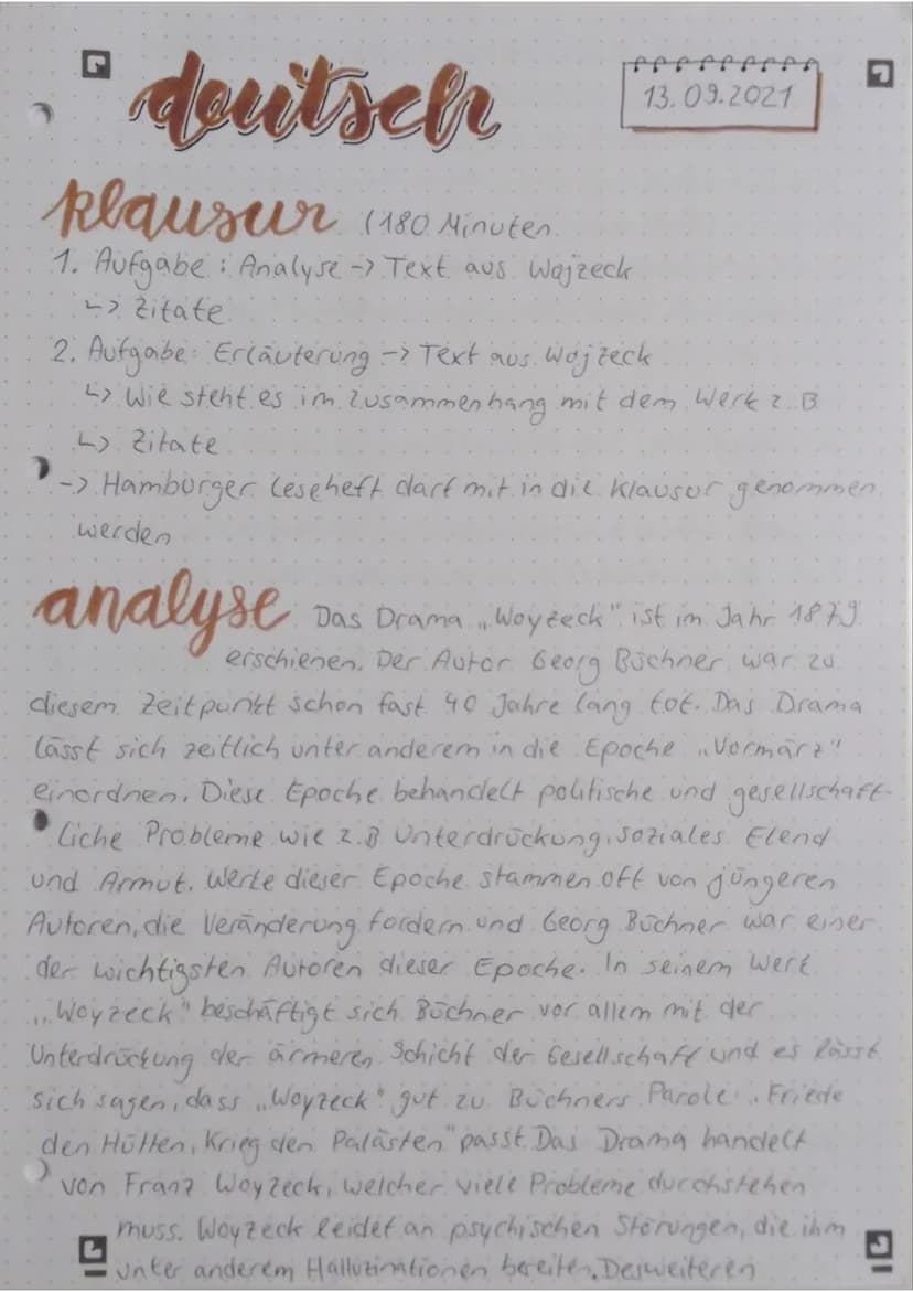 deutsch
plausur (180 Minuten
1. Aufgabe: Analyse -> Text aus Woyzeck
-> Zitate.
13.09.2021
2. Aufgabe: Erläuterung -> Text aus. Wojzeck
L> W