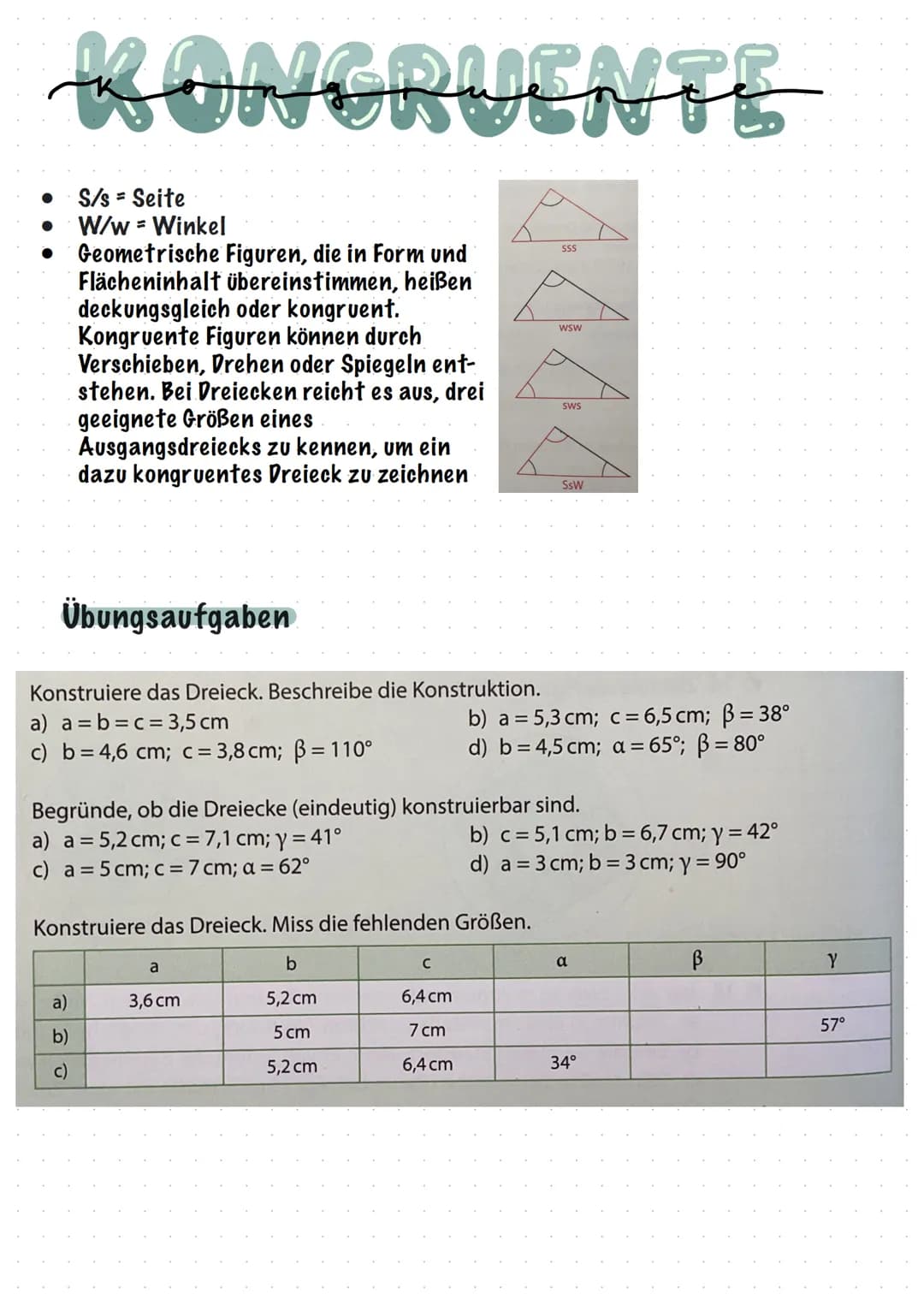 KONGRUENTE
S/s = Seite
W/w = Winkel
Geometrische Figuren, die in Form und
Flächeninhalt übereinstimmen, heißen
deckungsgleich oder kongruent