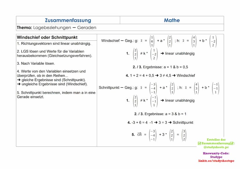 Zusammenfassung
Thema: Lagebeziehungen Geraden
Lösungsschritte
Parallel oder Identisch
1. Richtungsvektoren sind linear abhängig.
2. Punktpr