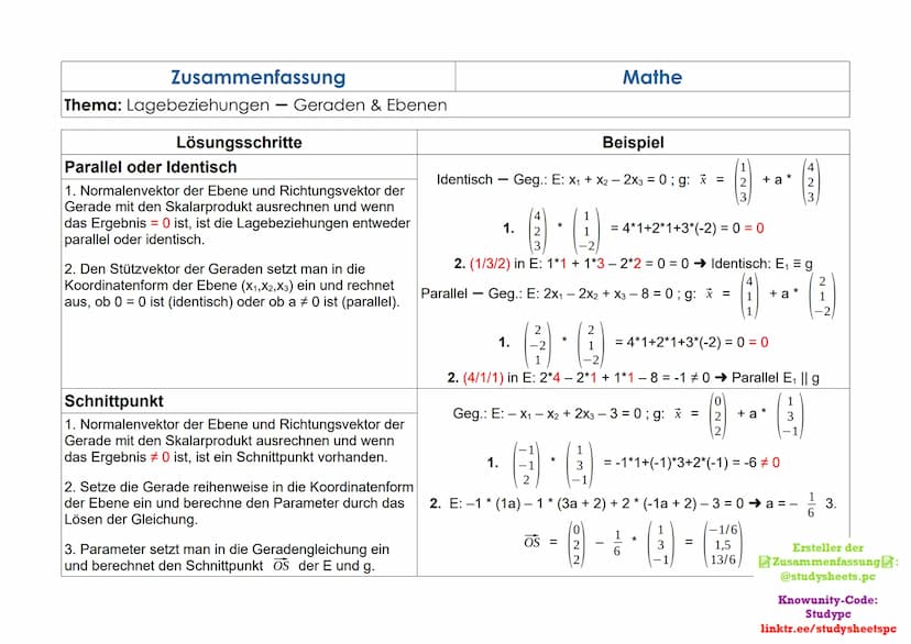 Zusammenfassung
Thema: Lagebeziehungen Geraden
Lösungsschritte
Parallel oder Identisch
1. Richtungsvektoren sind linear abhängig.
2. Punktpr