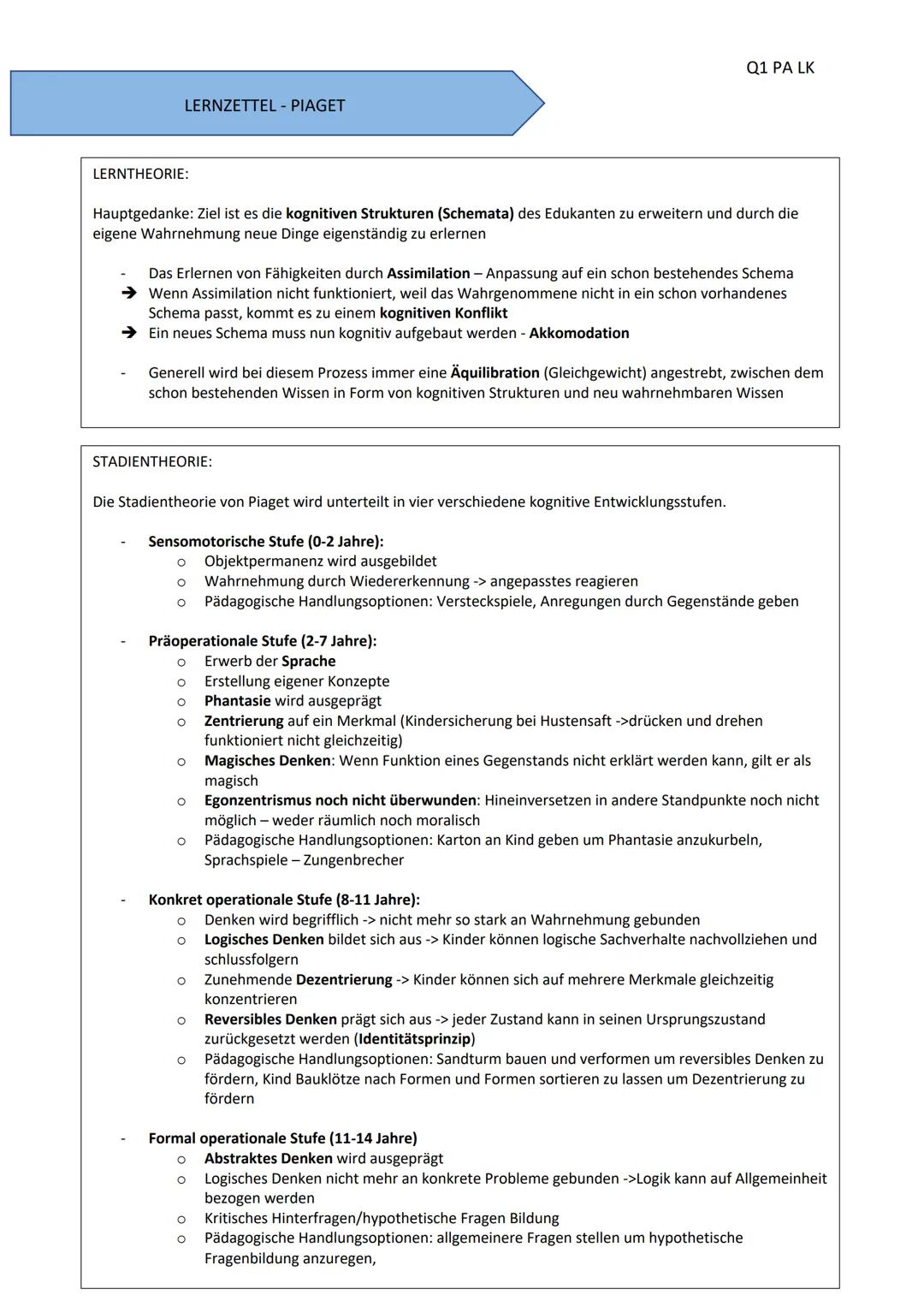 # LERNZETTEL - PIAGET

Q1 PA LK

LERNTHEORIE:

Hauptgedanke: Ziel ist es die kognitiven Strukturen (Schemata) des Edukanten zu erweitern und