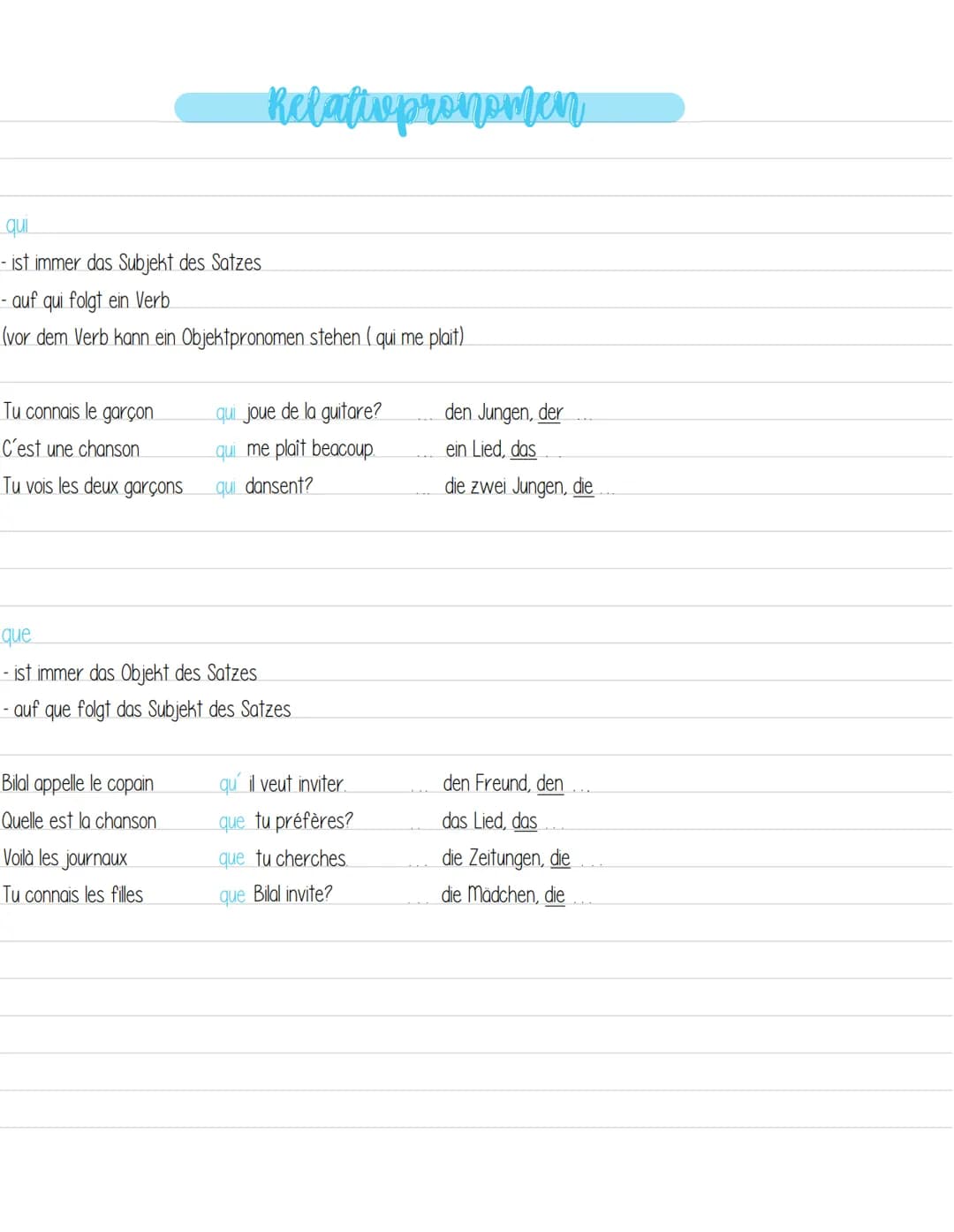 qui
- ist immer das Subjekt des Satzes
- auf qui folgt ein Verb
(vor dem Verb kann ein Objektpronomen stehen (qui me plait)
Tu connais le ga