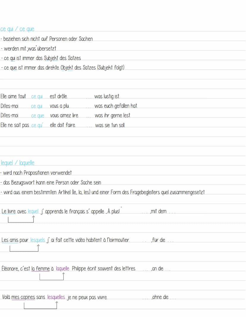 qui
- ist immer das Subjekt des Satzes
- auf qui folgt ein Verb
(vor dem Verb kann ein Objektpronomen stehen (qui me plait)
Tu connais le ga
