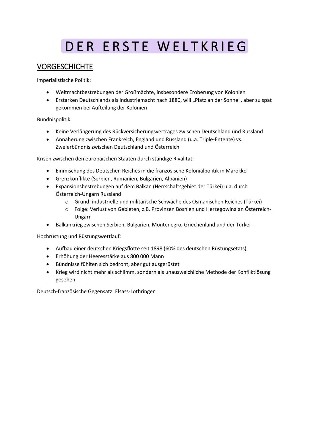 VORGESCHICHTE
Imperialistische Politik:
Weltmachtbestrebungen der Großmächte, insbesondere Eroberung von Kolonien
● Erstarken Deutschlands a