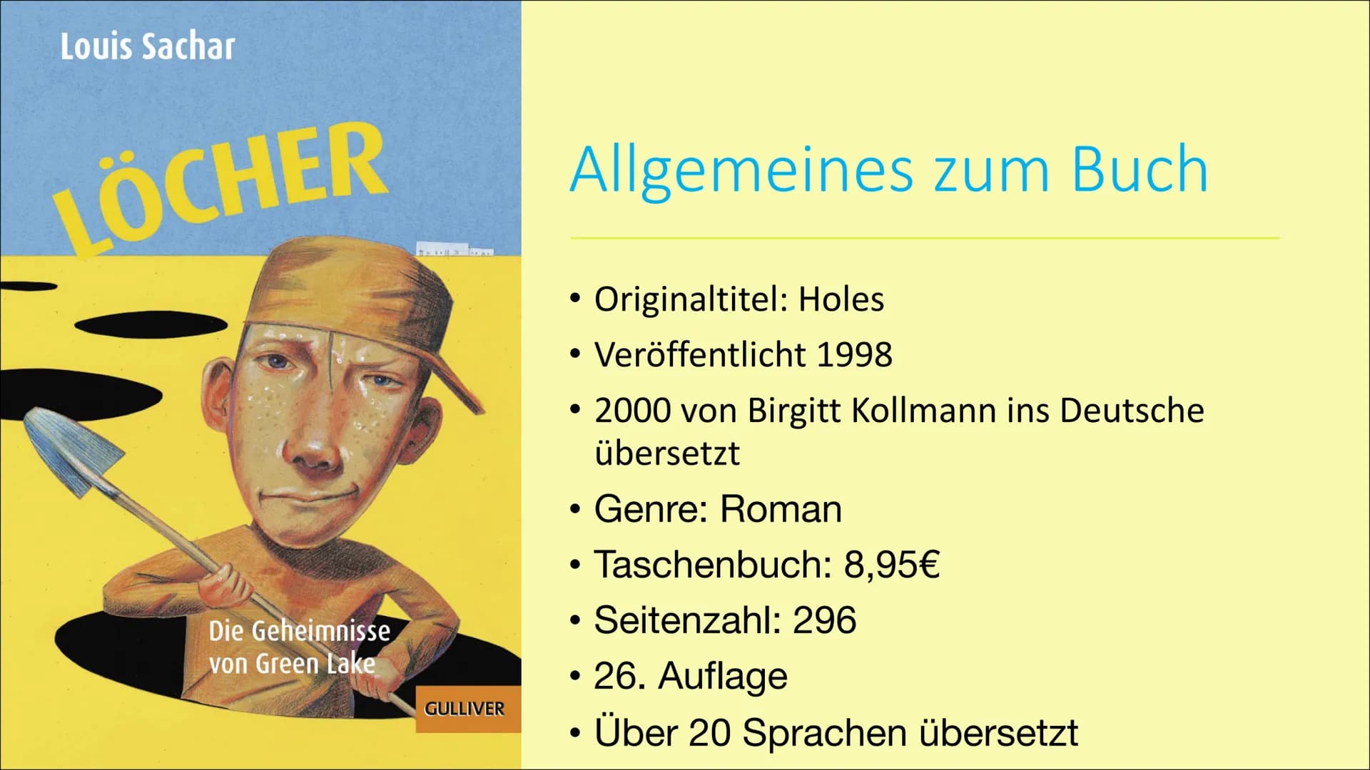 Lena Höcherl 10d
Löcher
Allgemeines zum Buch
Originaltitel: Holes
Veröffentlicht: 1998 (2000 Deutsch)
Genre: Roman.
Preis: 8,95€
Seitenzahl: