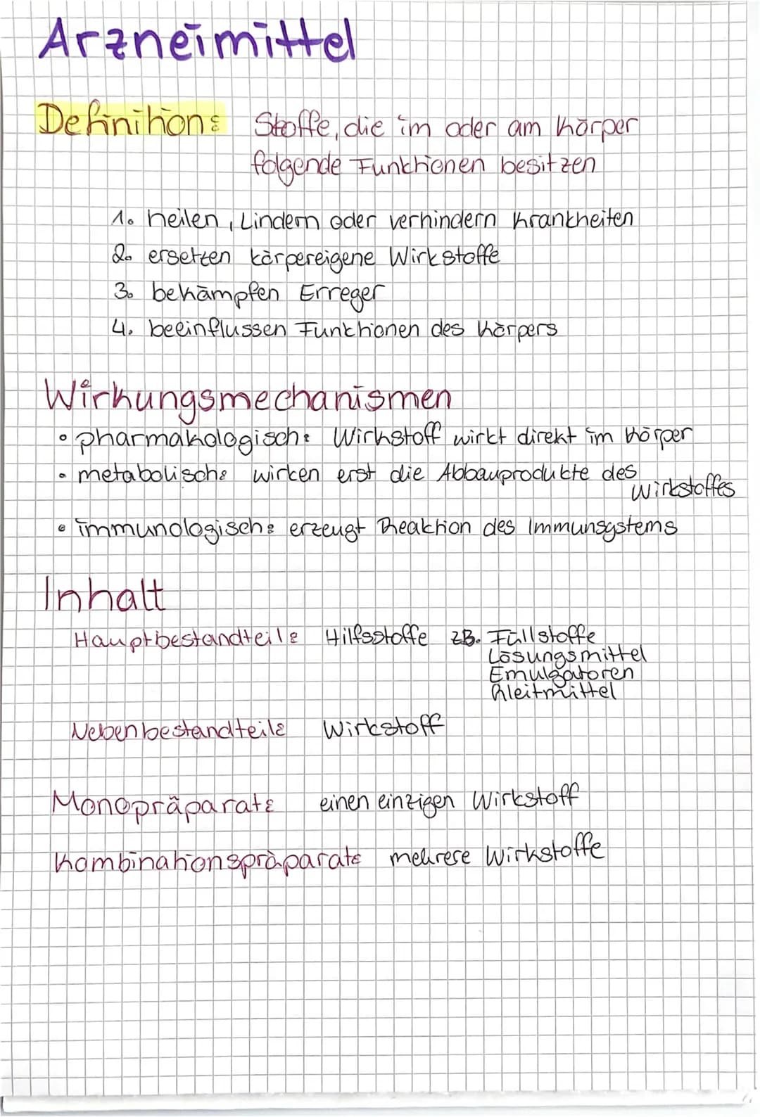 Arzneimittel
Definition: Skoffe, die im oder am Körper
folgende Funktionen besitzen.
1. heilen, Lindern oder verhindern Krankheiten
2. erset
