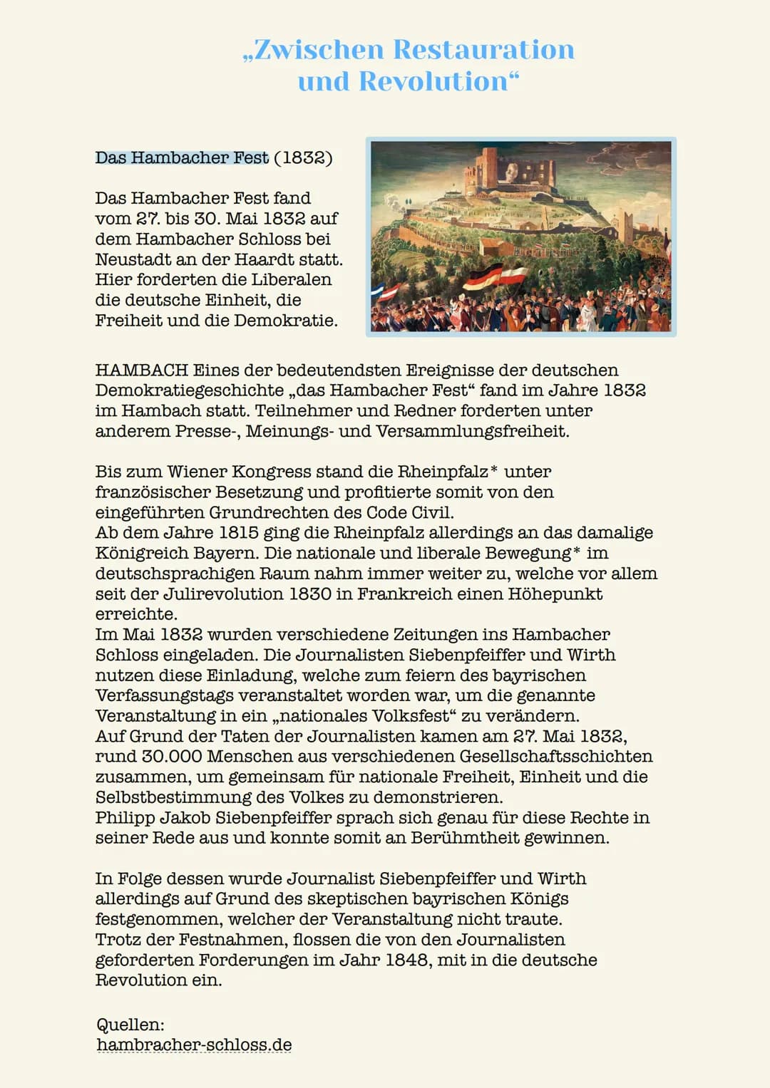 ,,Zwischen Restauration
und Revolution"
Das Hambacher Fest (1832)
Das Hambacher Fest fand
vom 27. bis 30. Mai 1832 auf
dem Hambacher Schloss