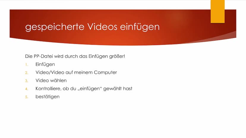 Power Point
FÜR FORTGESCHRITTENE Onlinevideos einfügen
Voraussetzung: Internetverbindung während Präsentation
1. Registerkarte Einfügen
2. V