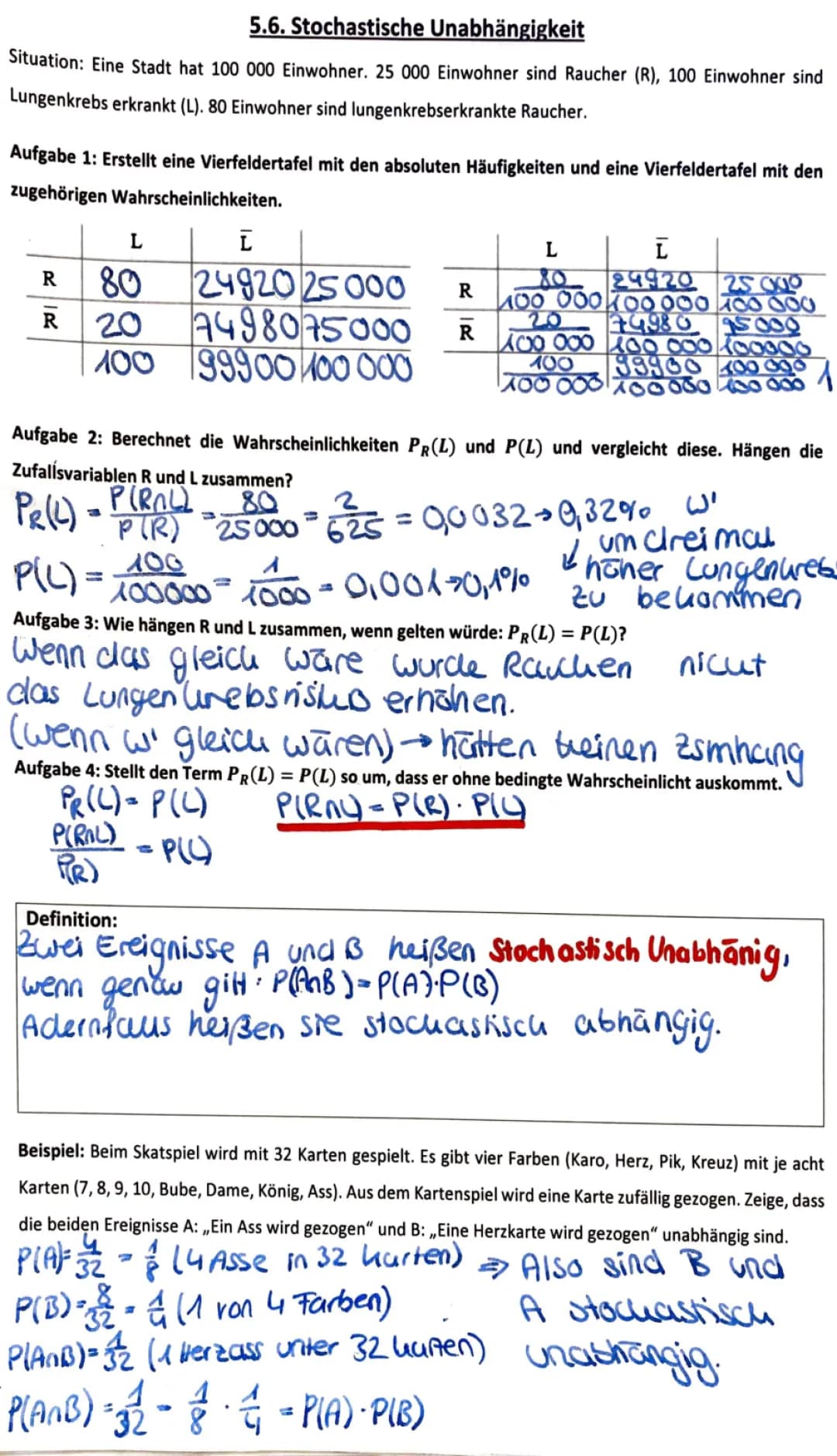 Stochastische Unabhängigkeit einfach erklärt: Beispiele und Aufgaben mit Lösungen
