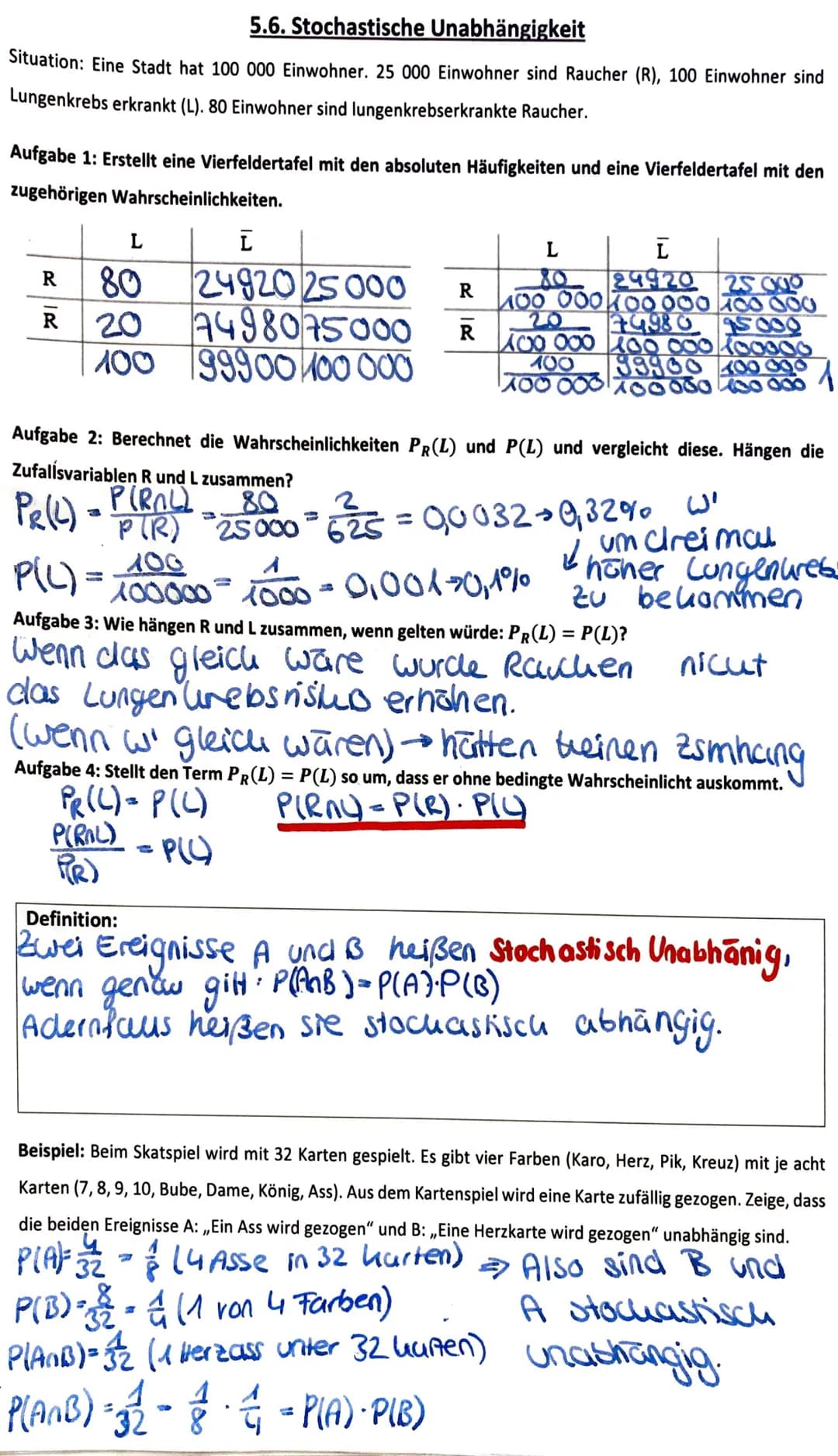 5.6. Stochastische Unabhängigkeit
Situation: Eine Stadt hat 100 000 Einwohner. 25 000 Einwohner sind Raucher (R), 100 Einwohner sind
Lungenk