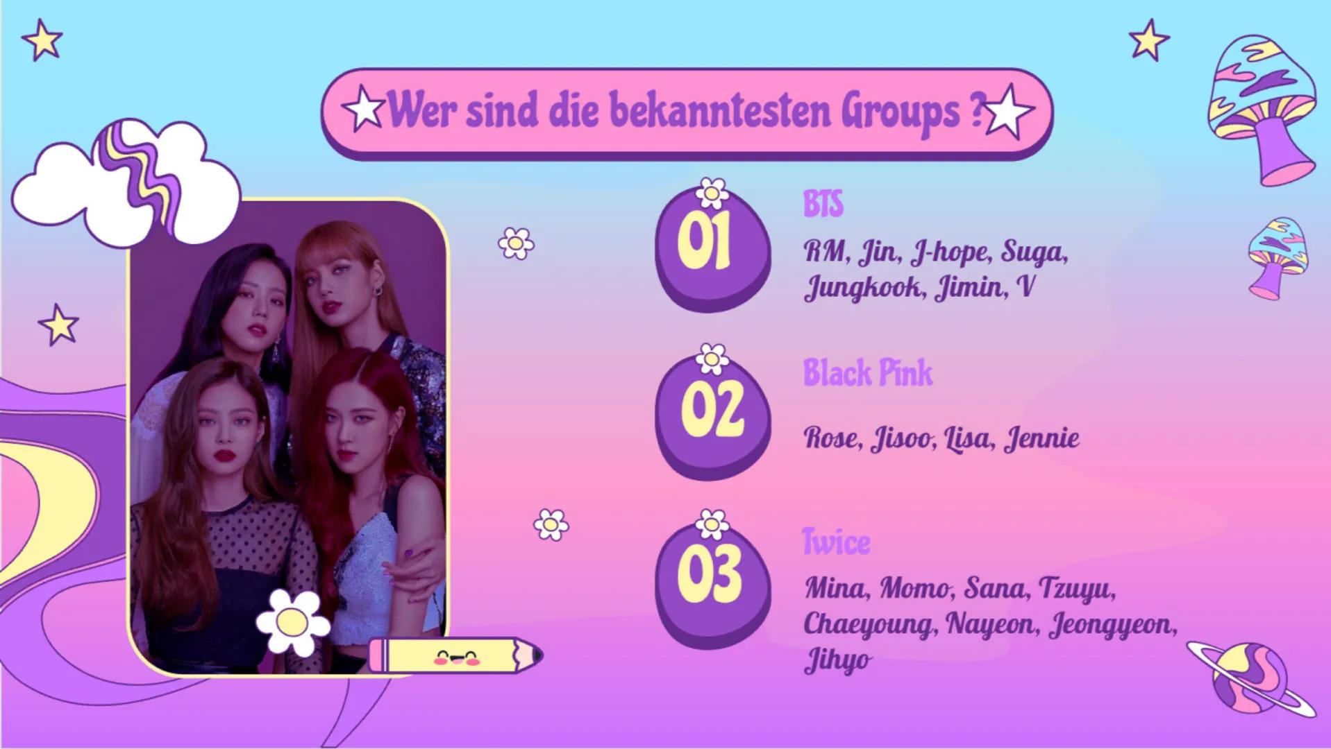 O
O
lo
K-Pop
Koreanische Pop Musik
Von Mariam Al Nasser 01
02
K-Pop
-K-pop Kultur
Inhaltsverzeichnis ✩
K-Pop fragen
-was ist Typisch für K-p