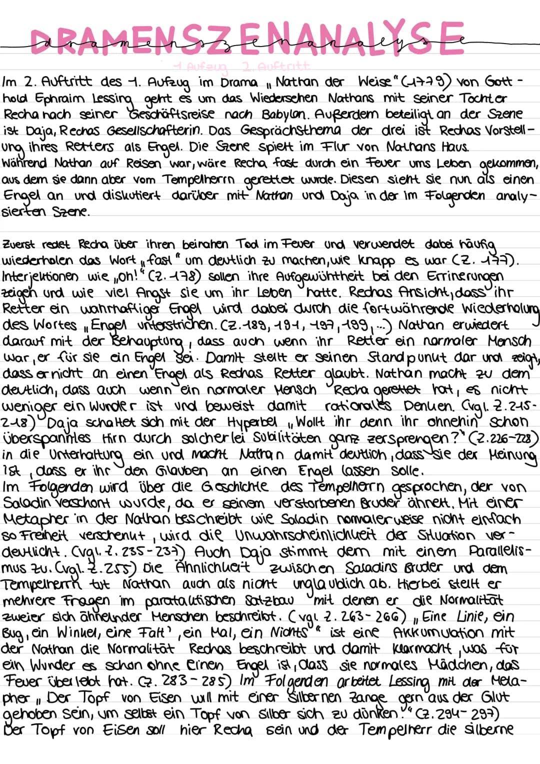 DRAMENSZENANALYSE
Aufzug 2. Auftritt
Im 2. Auftritt des 1. Aufzug im Drama, Nathan der Weise" (1779) von Gott -
hold Ephraim Lessing geht es