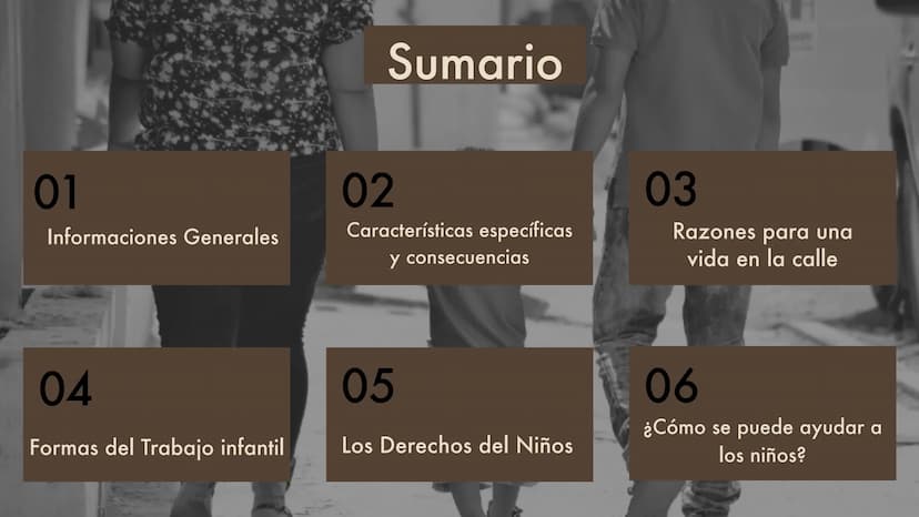 LOS NIÑOS
DE LA CALLE
Una presentación de
Jenny y Max 01
Informaciones Generales
04
Formas del Trabajo infantil
Sumario
02
Características e