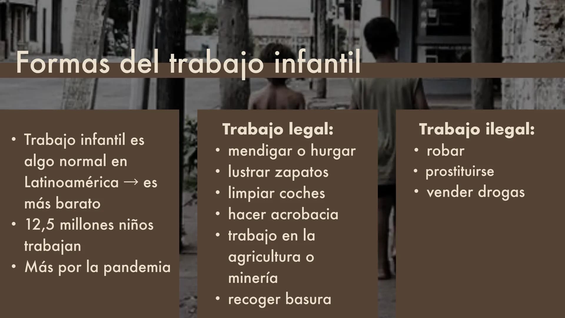 LOS NIÑOS
DE LA CALLE
Una presentación de
Jenny y Max 01
Informaciones Generales
04
Formas del Trabajo infantil
Sumario
02
Características e
