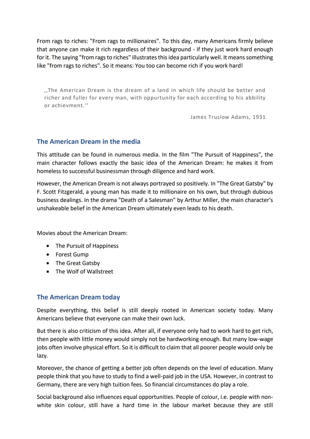 THE AMERICAN DREAM -
,,from rags to riches"
What is the American Dream?
The American Dream is about a dream, or more precisely, the desire f