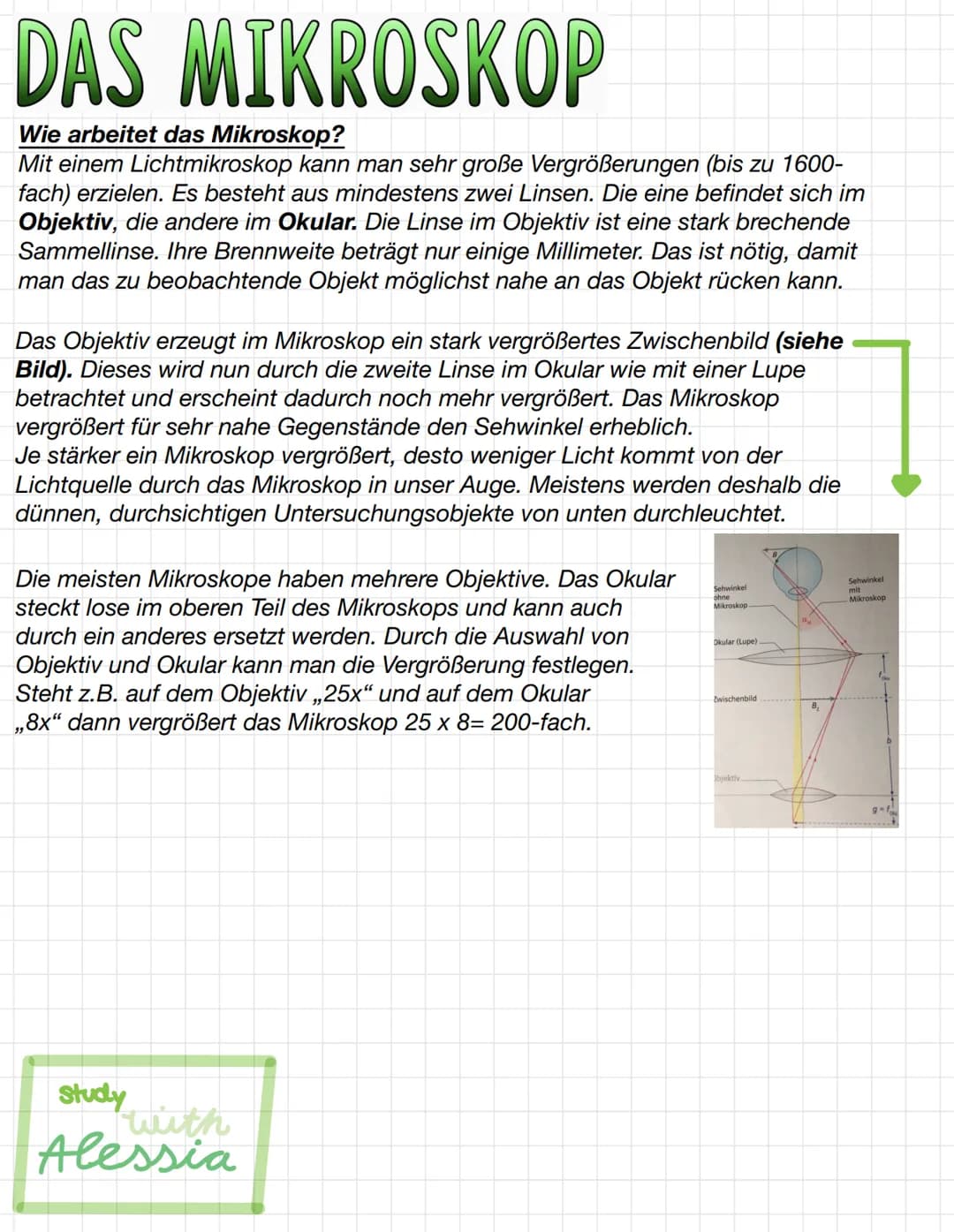 DAS MIKROSKOP
Wie arbeitet das Mikroskop?
Mit einem Lichtmikroskop kann man sehr große Vergrößerungen (bis zu 1600-
fach) erzielen. Es beste