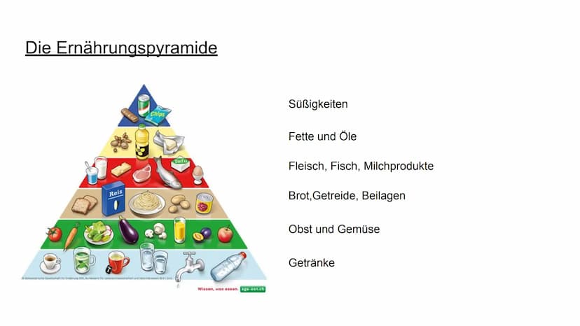 Gesunde Ernährung
↓ Gliederung
1. Ernährungspyramide
2.Bestandteile von Lebensmitteln
3.Allgemeine Ernährungstipps
4.Ernährungsformen
5.Folg