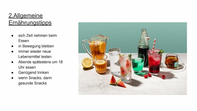 Gesunde Ernährung
↓ Gliederung
1. Ernährungspyramide
2.Bestandteile von Lebensmitteln
3.Allgemeine Ernährungstipps
4.Ernährungsformen
5.Folg