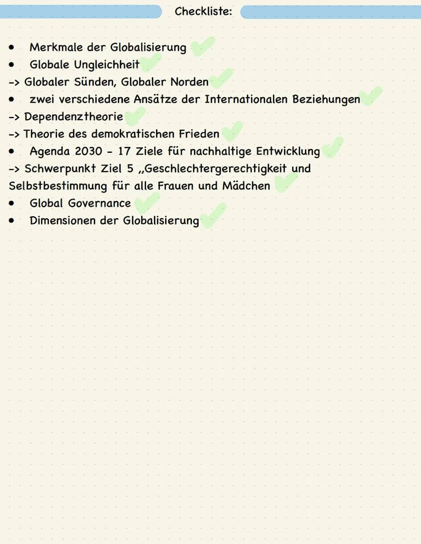 Politik: Schwerpunktthema 2
05.03.2023
Jana Janecki Checkliste:
● Merkmale der Globalisierung
● Globale Ungleichheit
-> Globaler Sünden, Glo