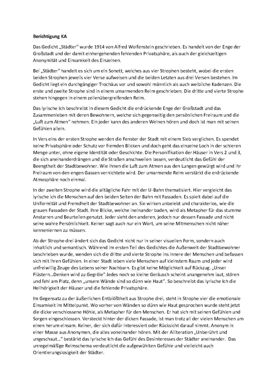 Gedichtsanalyse „Städter“ von Alfred Wolfenstein