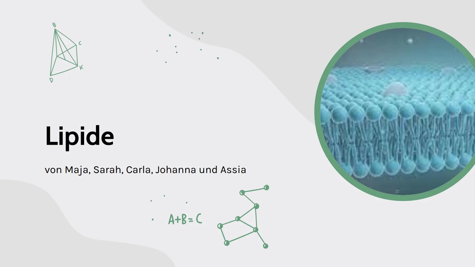 D
B
C
K
Lipide
von Maja, Sarah, Carla, Johanna und Assia
$A+B=C$ A+B=C

# Inhalt

01

# Lipide

- Was ist das?
- Verschiedene Arten
- gesätt