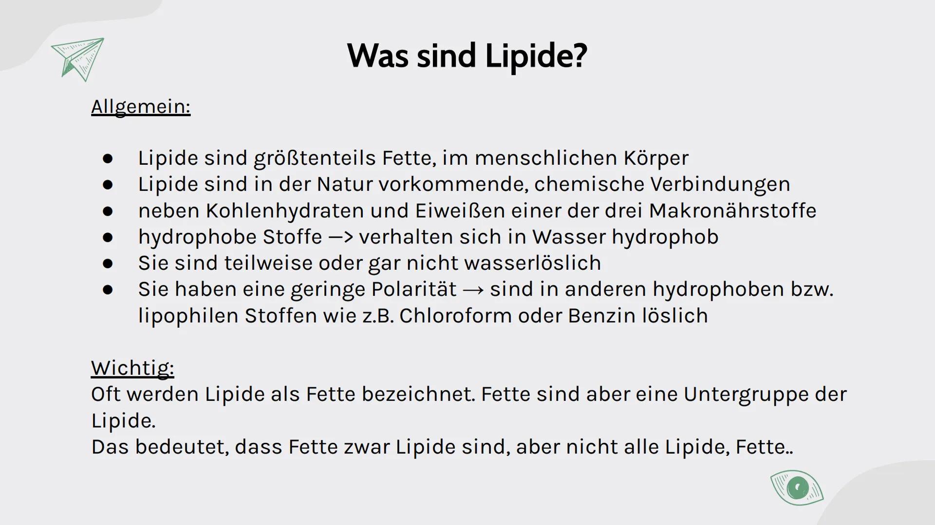D
B
C
K
Lipide
von Maja, Sarah, Carla, Johanna und Assia
$A+B=C$ A+B=C

# Inhalt

01

# Lipide

- Was ist das?
- Verschiedene Arten
- gesätt