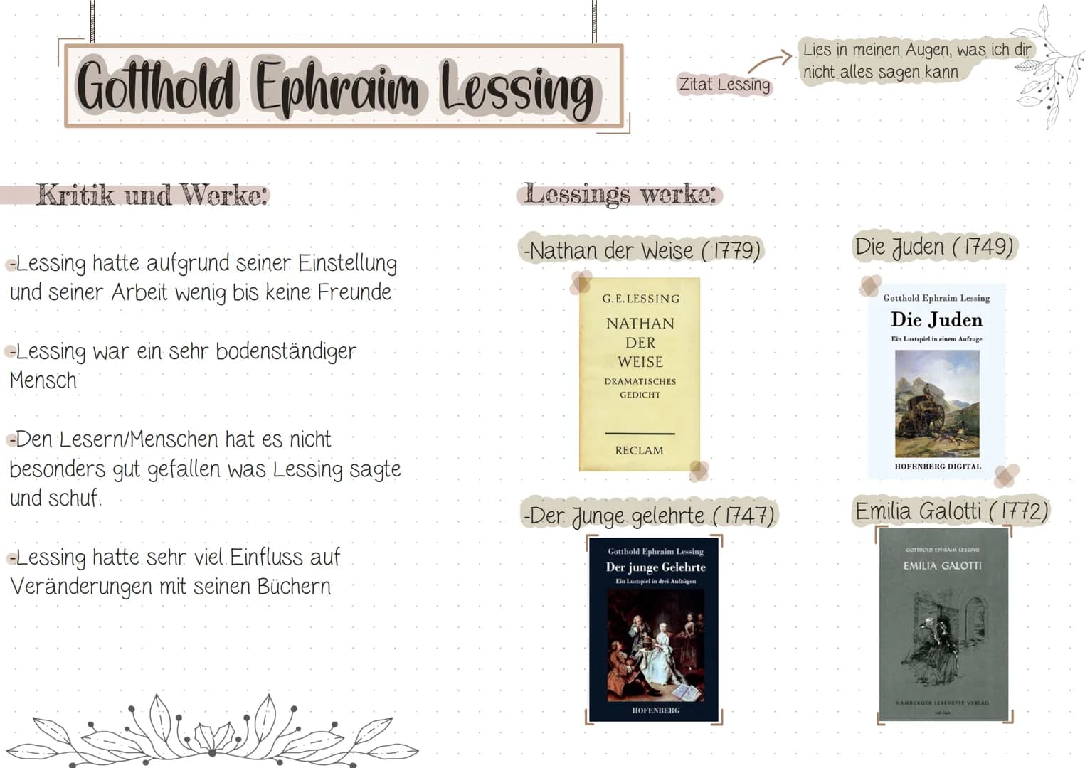 Gotthold Ephraim Lessing
Grundlegende Infos über Lessing:
Name: Gotthold Ephraim Lessing
Geboren: 22.01.1729 in Kamenz
Gestorben: 15.02.1781