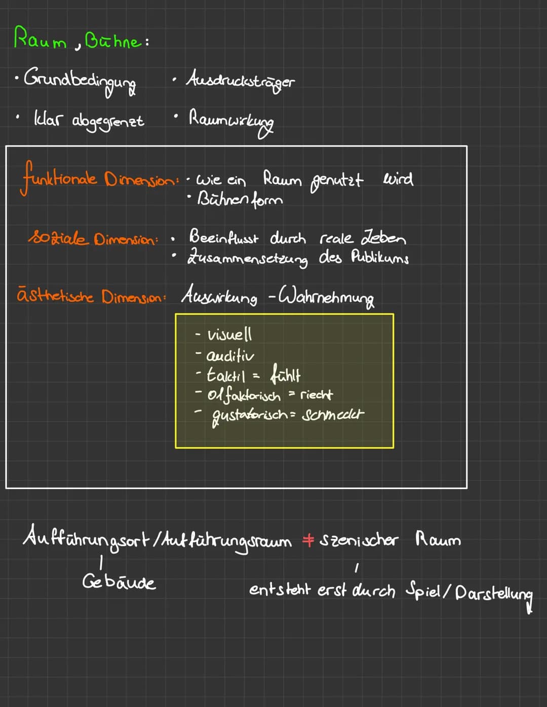 Raum, Bühne:
• Grundbedingung
• klar abgegrenzt
.
funktionale Dimension: • wie ein Raum genutzt wird
• Bühnen form
soziale Dimension:
Beeinf