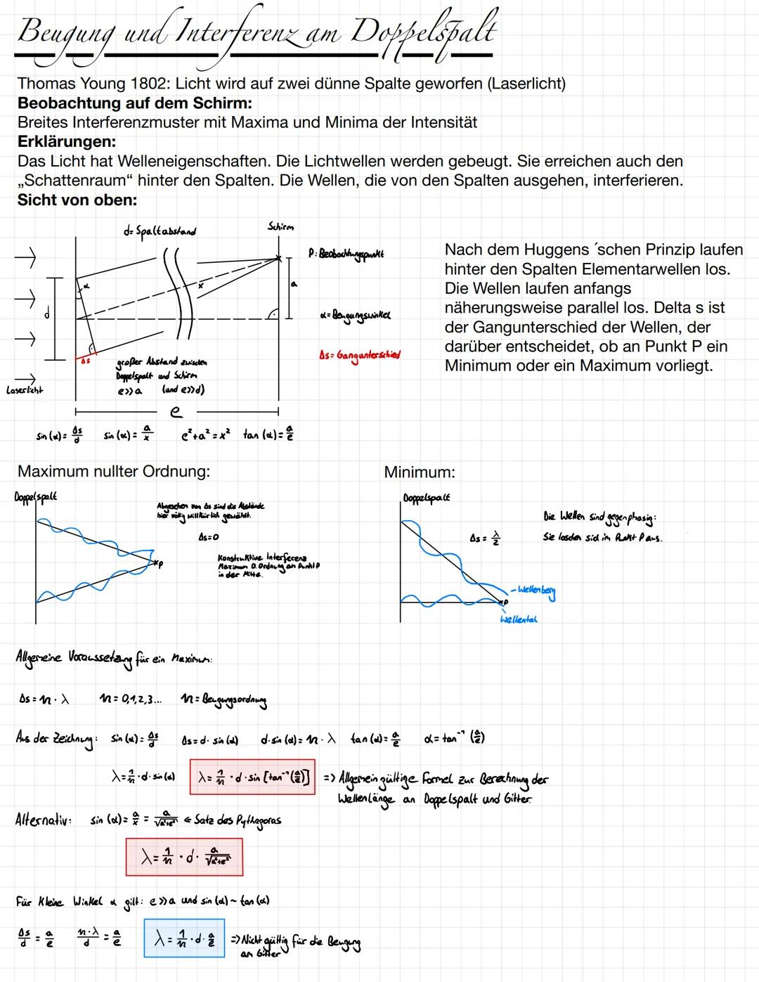 Beugung und Interferenz am Doppelspalt
Thomas Young 1802: Licht wird auf zwei dünne Spalte geworfen (Laserlicht)
Beobachtung auf dem Schirm: