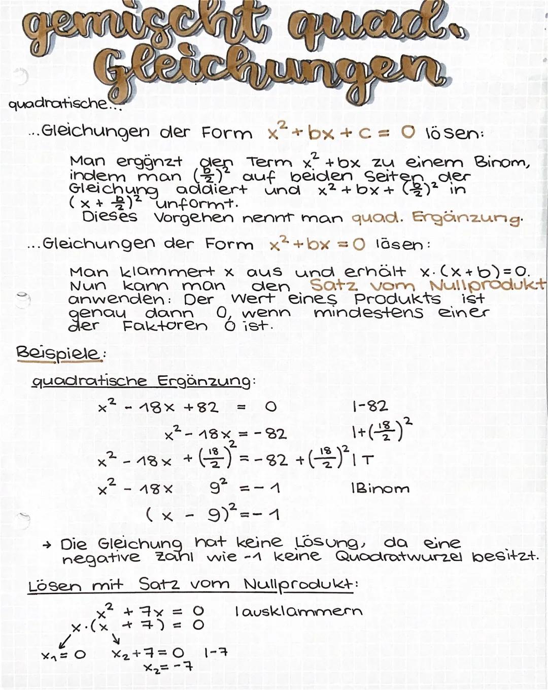 # gemischt quad.
Gleichungen

quadratische...

...Gleichungen der Form $x² + bx + c = O$ lösen:

Man ergänzt den Term $x² + bx$ zu einem Bin