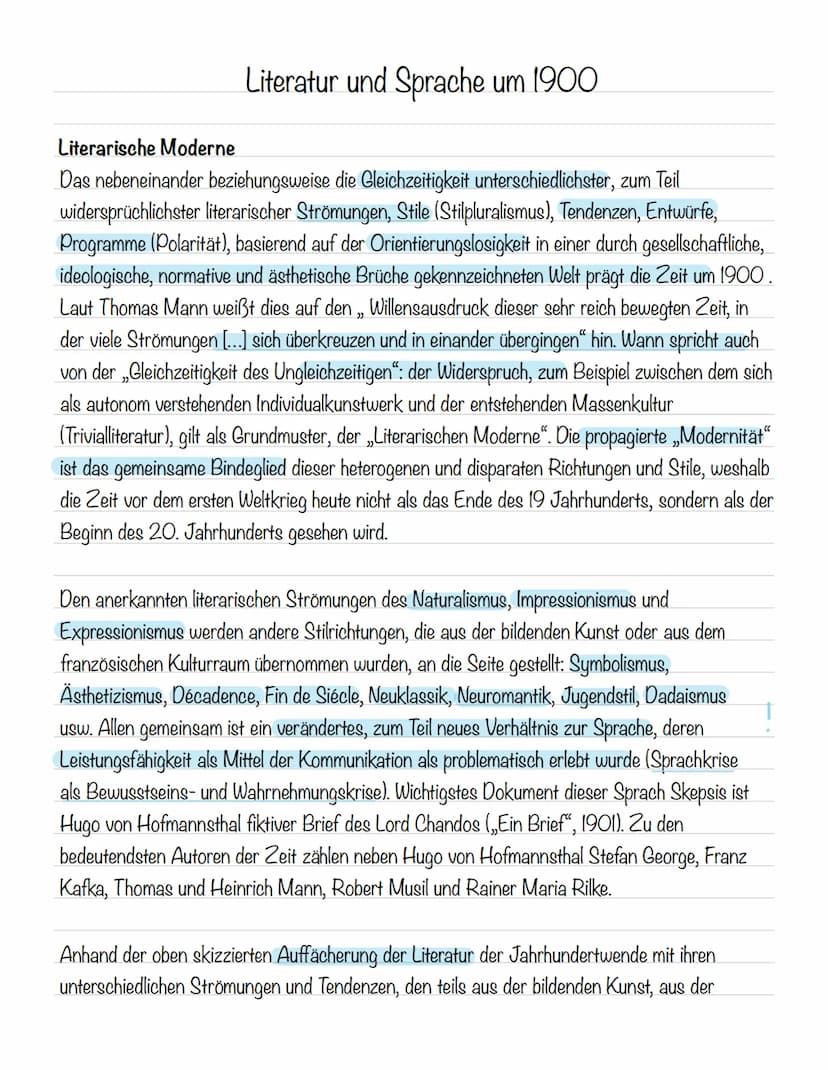  Literatur und Sprache um 1900
Literarische Moderne
Das nebeneinander beziehungsweise die Gleichzeitigkeit unterschiedlichster, zum Teil
wid