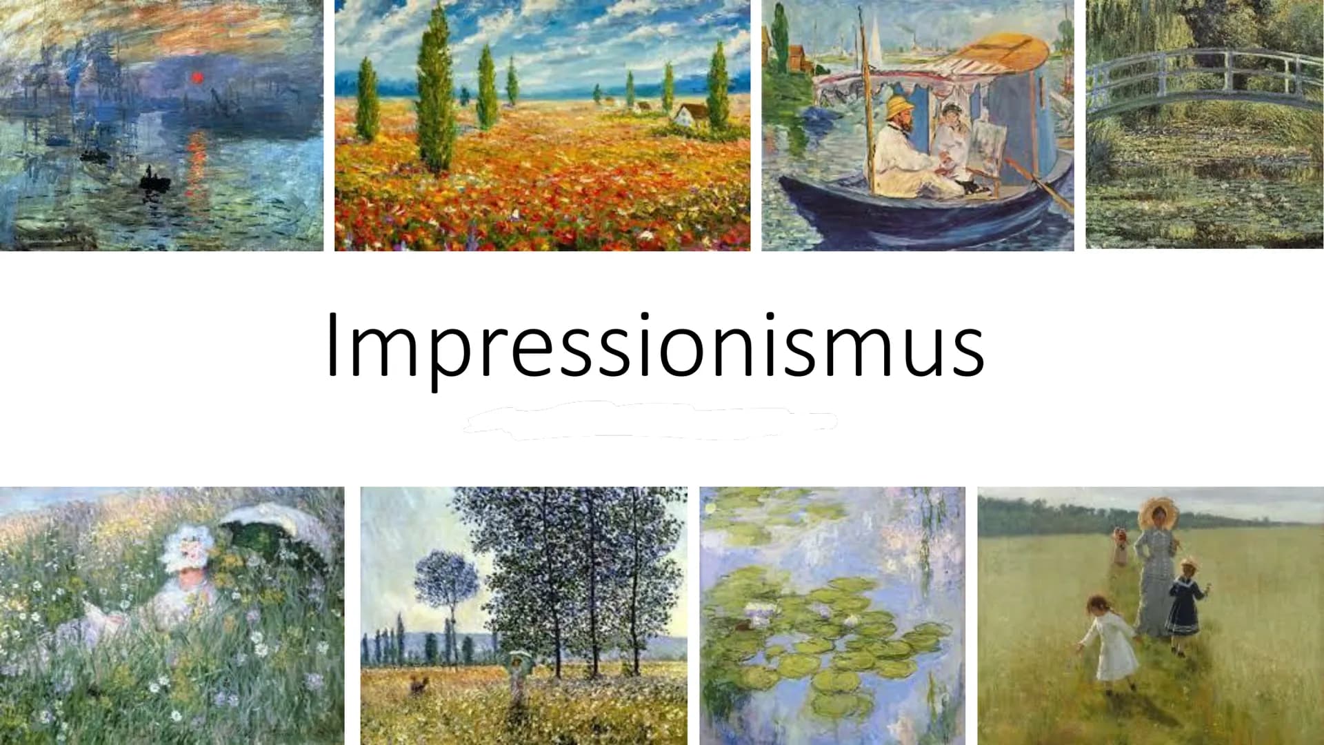 Impressionismus Inhalt
• Was bedeutet Impressionismus?
• Wann/wo ist Impressionismus entstanden?
• Merkmale des Impressionismus
●
• Bedeuten