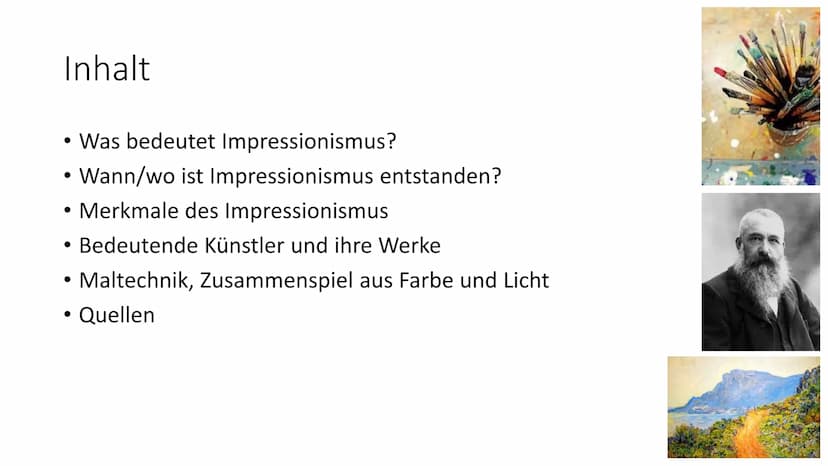 Impressionismus Inhalt
• Was bedeutet Impressionismus?
• Wann/wo ist Impressionismus entstanden?
• Merkmale des Impressionismus
●
• Bedeuten