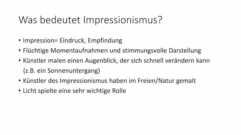 Impressionismus Inhalt
• Was bedeutet Impressionismus?
• Wann/wo ist Impressionismus entstanden?
• Merkmale des Impressionismus
●
• Bedeuten