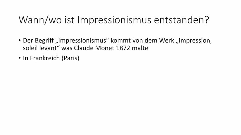 Impressionismus Inhalt
• Was bedeutet Impressionismus?
• Wann/wo ist Impressionismus entstanden?
• Merkmale des Impressionismus
●
• Bedeuten