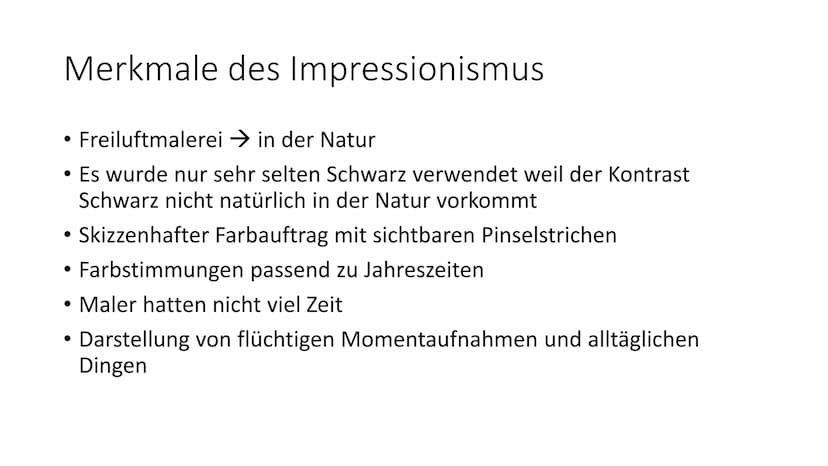 Impressionismus Inhalt
• Was bedeutet Impressionismus?
• Wann/wo ist Impressionismus entstanden?
• Merkmale des Impressionismus
●
• Bedeuten