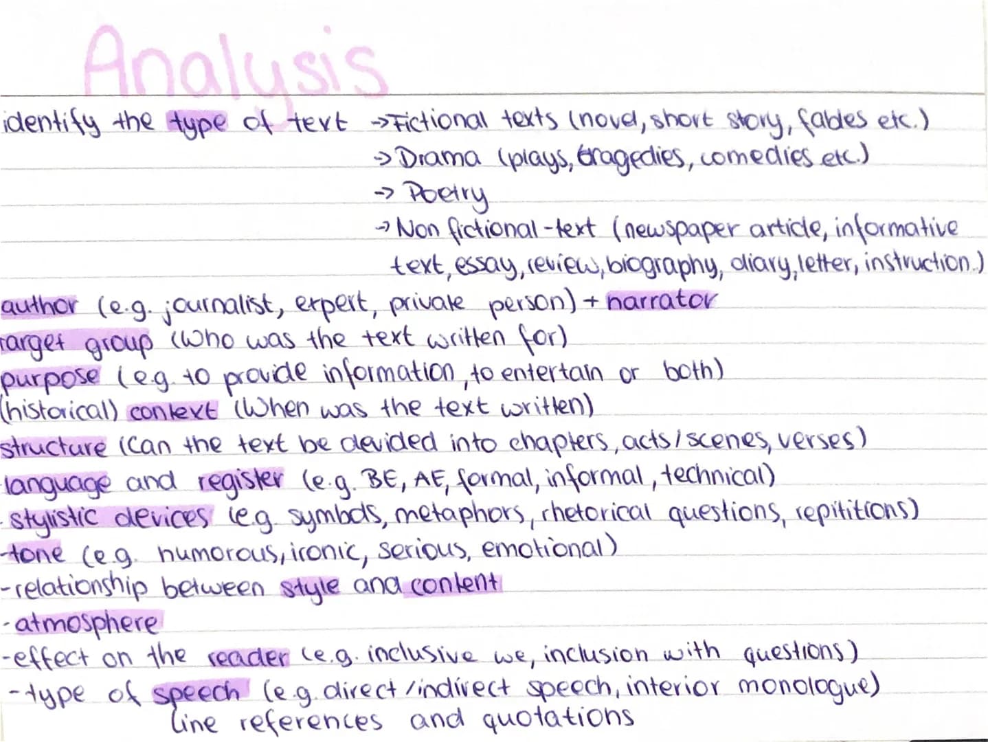 Analysis
identify the type of text -> Fictional texts (novel, short story, fables etc.)
→ Drama (plays, Gragedies, comedies etc.)
-
→→ Poetr