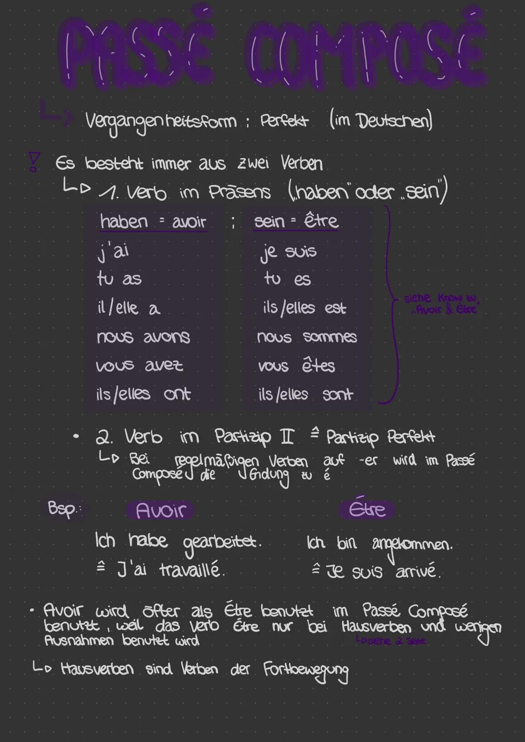 # PASSE COMPOSÉ

Vergangenheitsform: Perfekt (im Deutschen)

✓ Es besteht immer aus zwei Verben

LD 1. Verb im Präsens (haben oder...sein")
