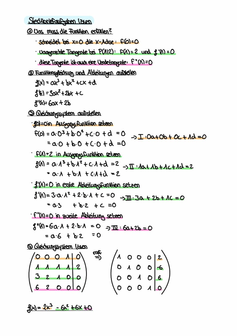 Mathe
Steckbriefaufgaben - Bestimmung von Funktionen
Ansatz: • Funution 3. Grades: g(x) = ax²³ + bx² + cx+d
• Funktion 4. Grades: fox) = ax²