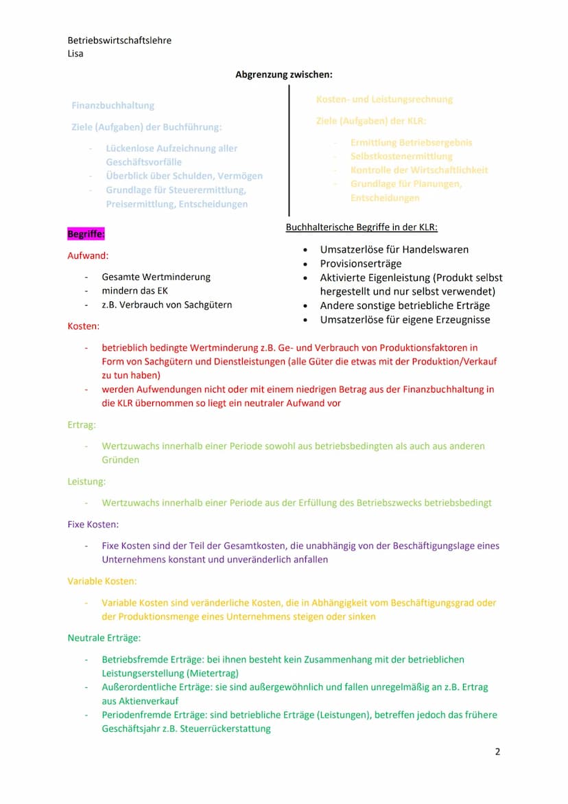 BETRIEBSWIRTSCHAFTSLEHRE
Klausurvorbereitung Betriebswirtschaftslehre
Lisa
Bereiche des Rechnungswesens Übersicht:
Finanzbuchhaltung
Externe