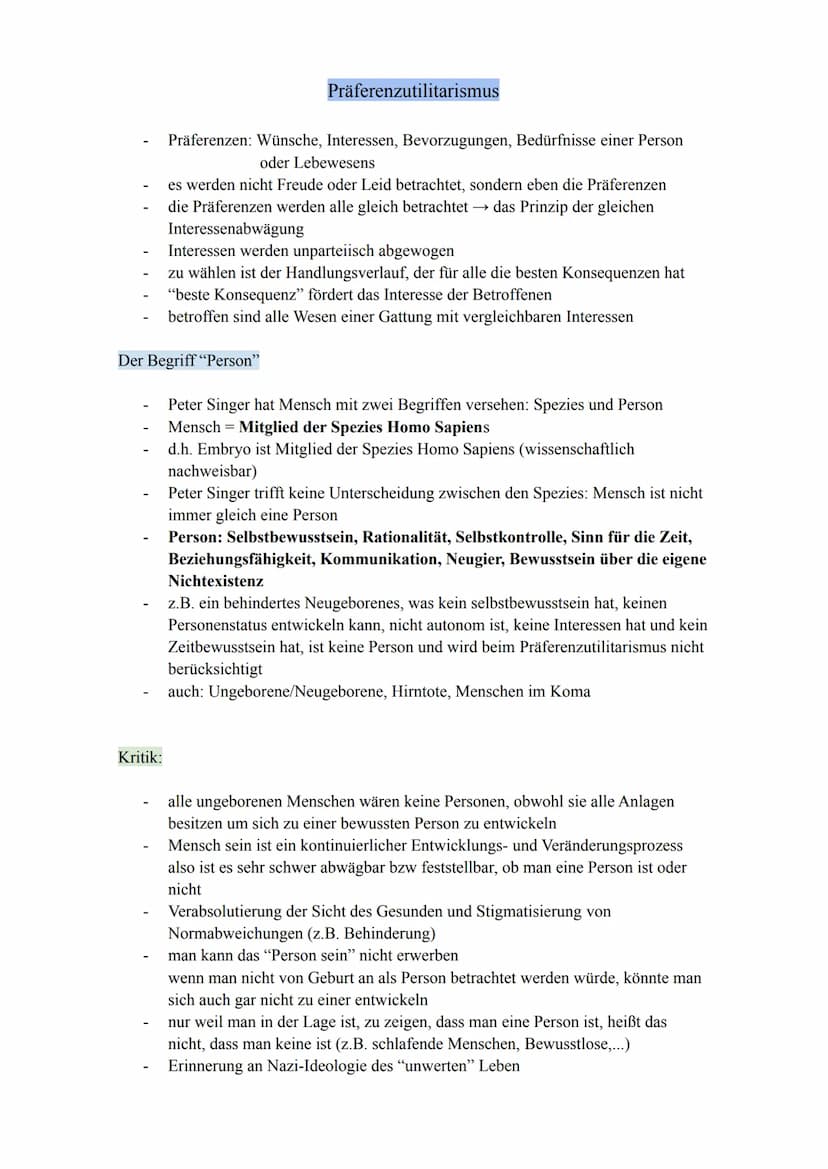 Präferenz-Utilitarismus Kritik
Eine Präferenz ist ein Wunsch, ein Interesse oder eine Bevorzugung von etwas. Im
Präferenz-Utilitarismus müss