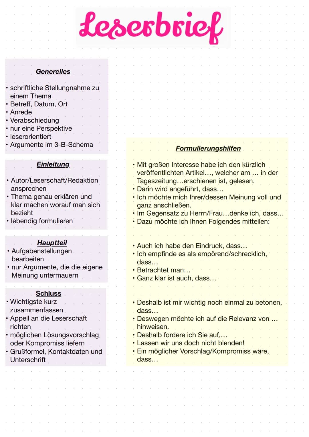 schriftliche Stellungnahme zu
einem Thema
• Betreff, Datum, Ort
• Anrede
.
Verabschiedung
• nur eine Perspektive
leserorientiert
Argumente i