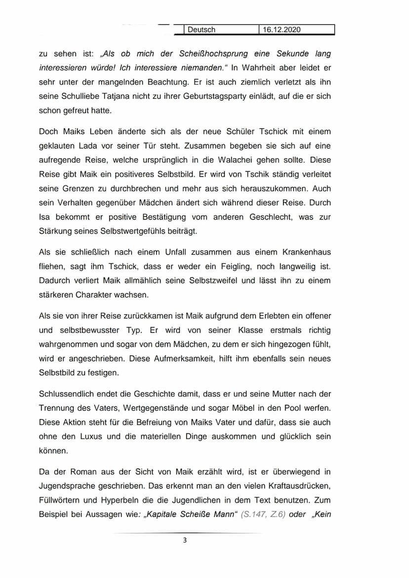 Hausarbeit im Fach Deutsch
Charakterisierung
Maik Klingenberg
Deutsch
16.12.2020
Der Jugendroman „tschick" aus dem Jahr 2010, geschrieben vo