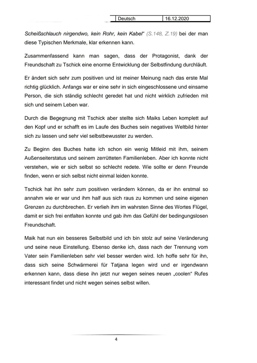 Hausarbeit im Fach Deutsch
Charakterisierung
Maik Klingenberg
Deutsch
16.12.2020
Der Jugendroman „tschick" aus dem Jahr 2010, geschrieben vo