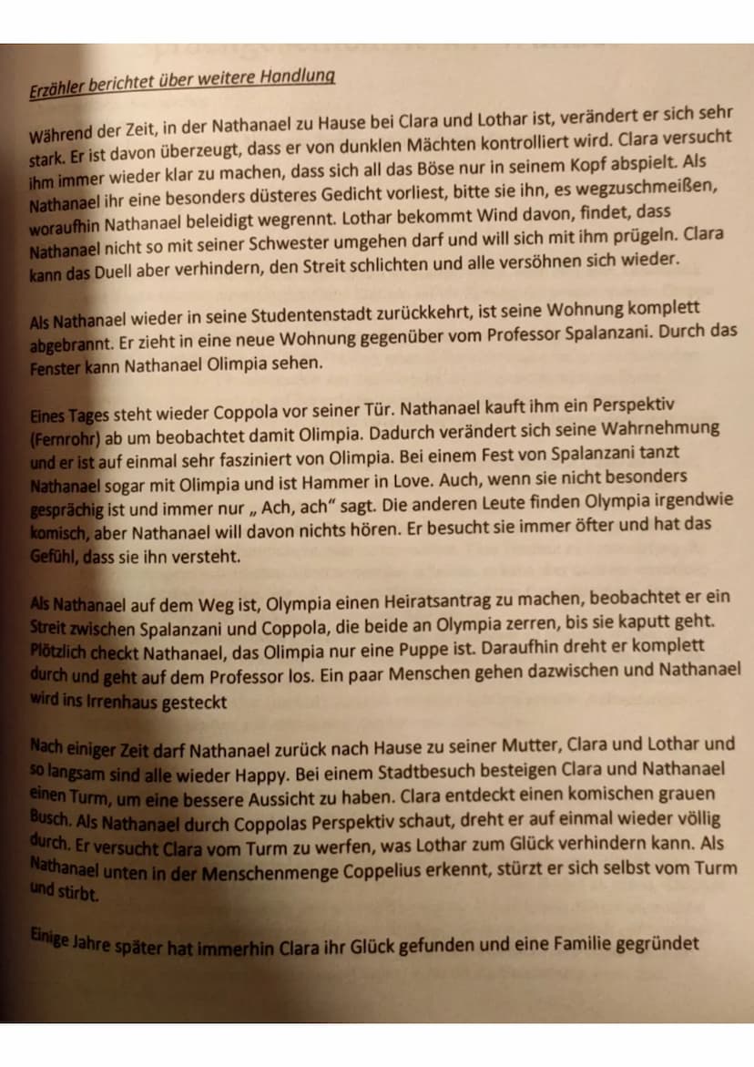 DER SANDMANN
Das Kunstmärchen handelt von dem Studenten Nathanael, der wegen eines Kindheitstrauma
nicht mehr richtig zwischen der Realität 