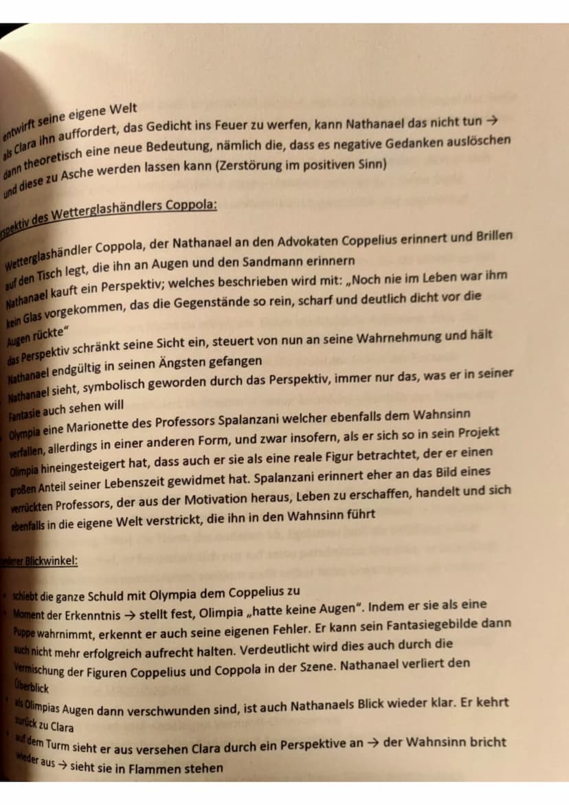 DER SANDMANN
Das Kunstmärchen handelt von dem Studenten Nathanael, der wegen eines Kindheitstrauma
nicht mehr richtig zwischen der Realität 