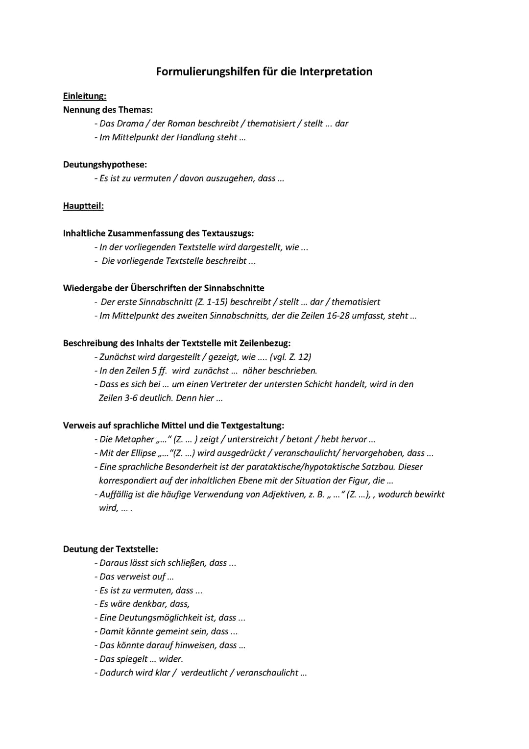 Formulierungshilfen für die Interpretation -Deutsch