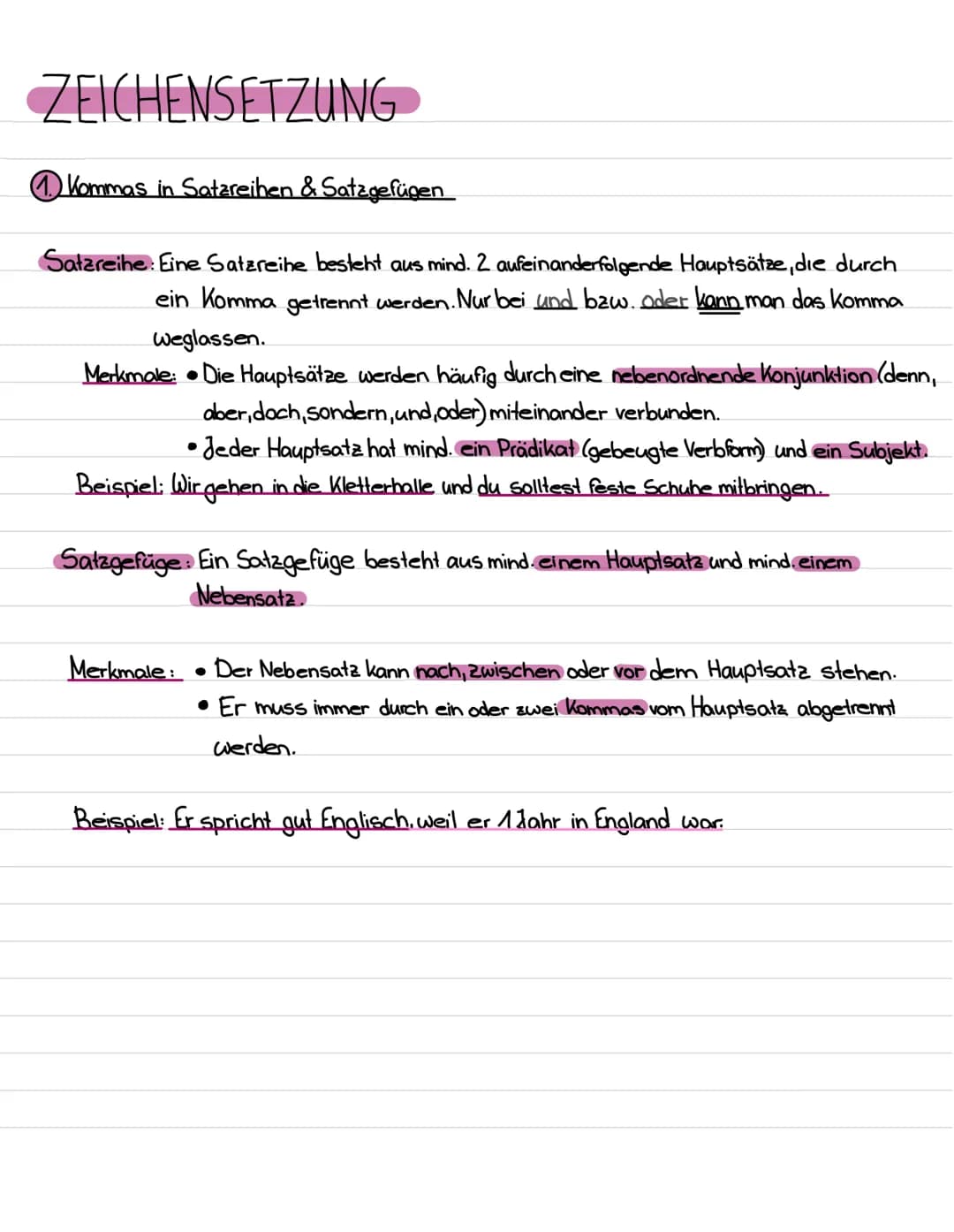 ZEICHENSETZUNG
Kommas in Satzreihen & Satzgefügen
Satzreihe: Eine Satzreihe besteht aus mind. 2 aufeinanderfolgende Hauptsätze, die durch
ei